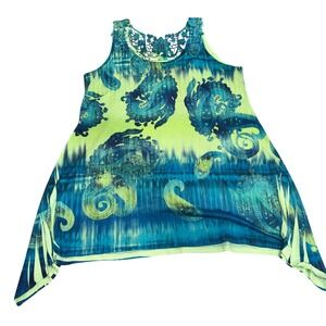 Vintage Paisley Crochet Lace Tank Top Womens Medium Green Blue Good Only‎ Nine